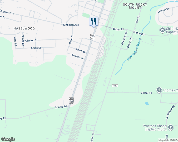 map of restaurants, bars, coffee shops, grocery stores, and more near Munn Street in Rocky Mount
