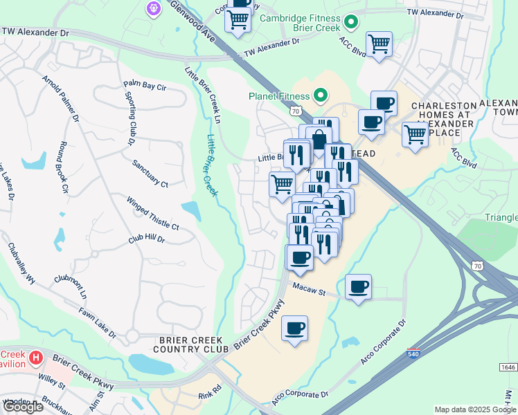 map of restaurants, bars, coffee shops, grocery stores, and more near 8203 Autumn Hill Terrace in Raleigh