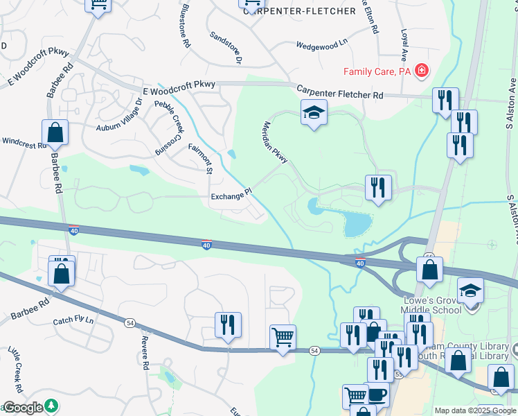 map of restaurants, bars, coffee shops, grocery stores, and more near 1115 Midtowne Way in Durham