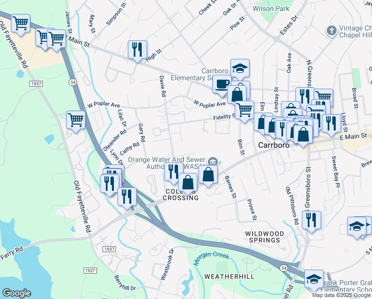 map of restaurants, bars, coffee shops, grocery stores, and more near 107 Glosson Circle in Carrboro