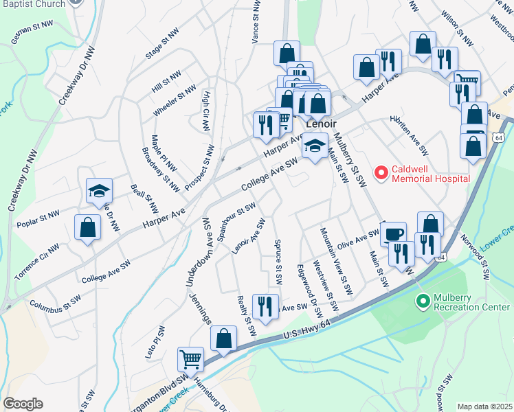 map of restaurants, bars, coffee shops, grocery stores, and more near 300 Reform Street Southwest in Lenoir