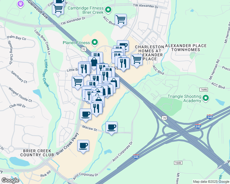 map of restaurants, bars, coffee shops, grocery stores, and more near 8161 Brier Creek Parkway in Raleigh