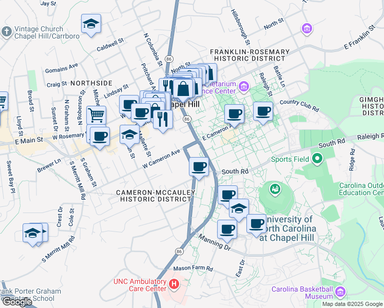 map of restaurants, bars, coffee shops, grocery stores, and more near 211 Pittsboro Street in Chapel Hill