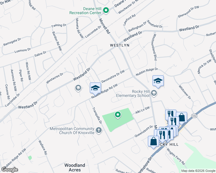 map of restaurants, bars, coffee shops, grocery stores, and more near 7705 Nubbin Ridge Drive in Knoxville