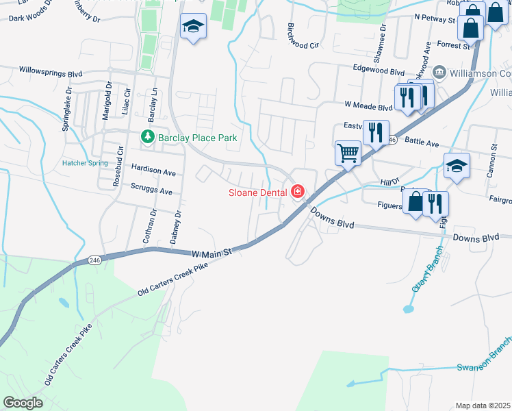 map of restaurants, bars, coffee shops, grocery stores, and more near 1101 Downs Boulevard in Franklin