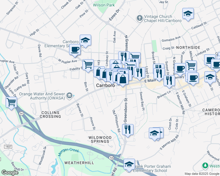 map of restaurants, bars, coffee shops, grocery stores, and more near 105 West Main Street in Carrboro
