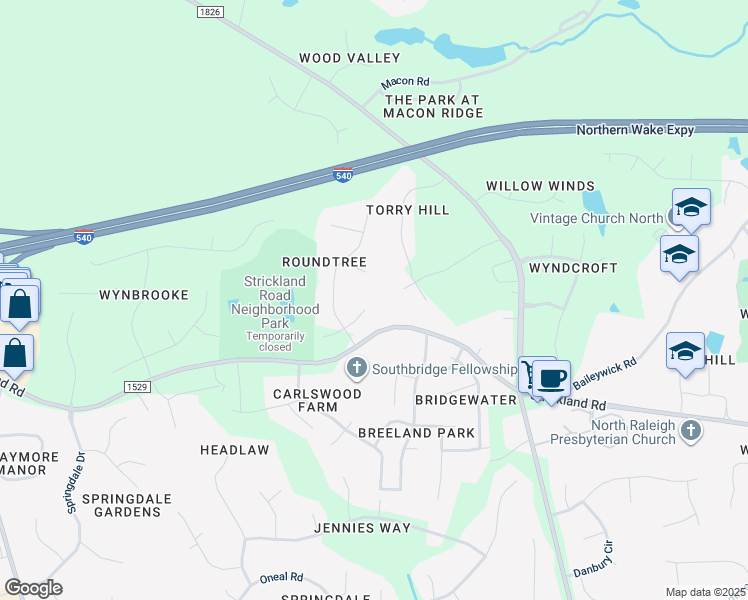 map of restaurants, bars, coffee shops, grocery stores, and more near 12600 Sandwood Court in Raleigh