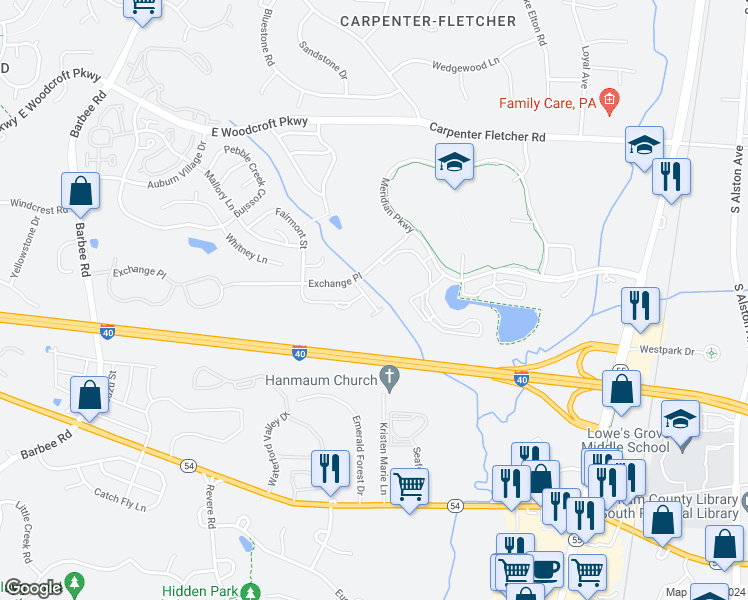 map of restaurants, bars, coffee shops, grocery stores, and more near 1115 Midtowne Way in Durham