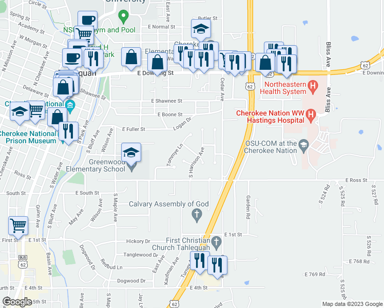 map of restaurants, bars, coffee shops, grocery stores, and more near 203 Greentree Drive in Tahlequah