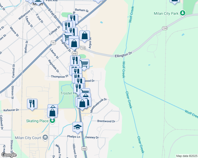 map of restaurants, bars, coffee shops, grocery stores, and more near 6041 Oakwood Drive in Milan
