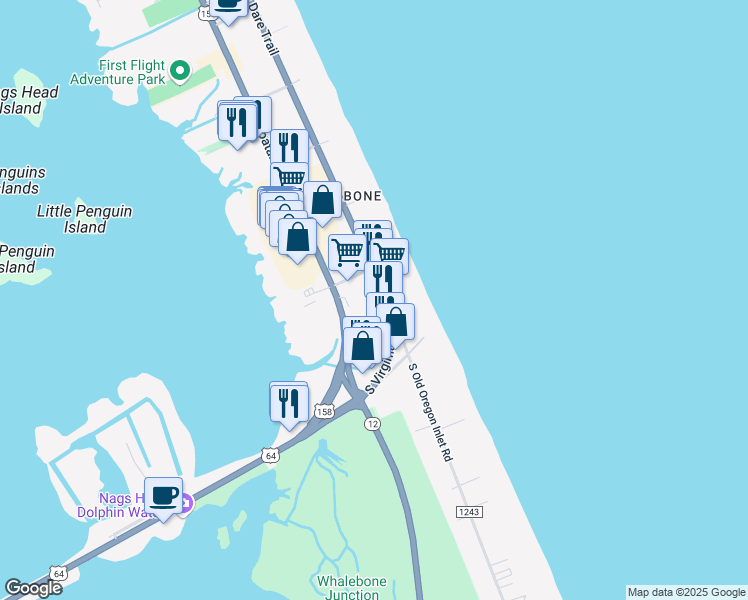 map of restaurants, bars, coffee shops, grocery stores, and more near 111 East Gray Eagle Street in Nags Head