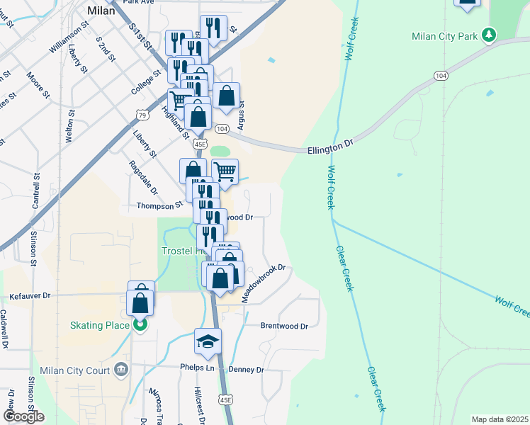 map of restaurants, bars, coffee shops, grocery stores, and more near 6041 Oakwood Drive in Milan