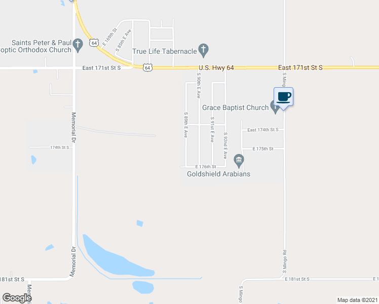 map of restaurants, bars, coffee shops, grocery stores, and more near 17451 South 89th East Avenue in Bixby