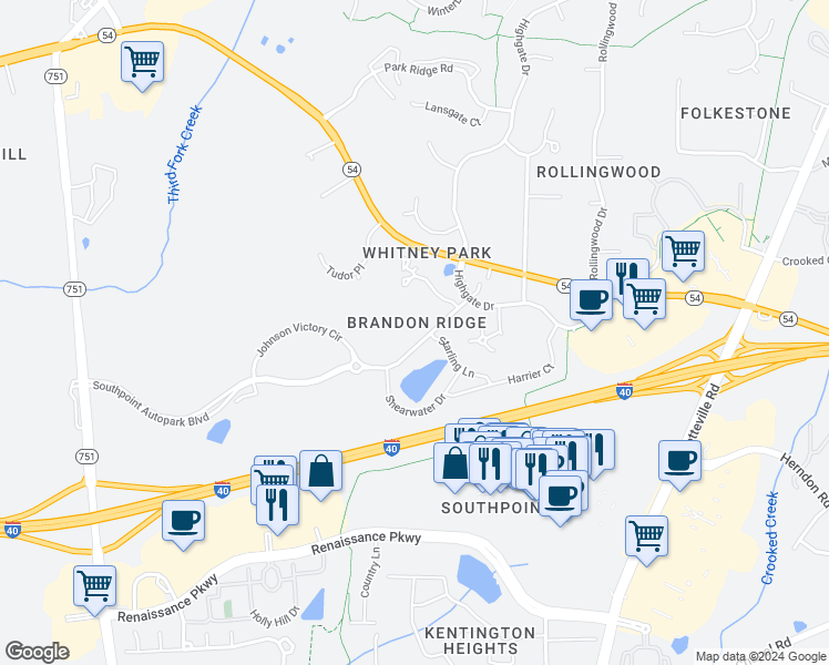 map of restaurants, bars, coffee shops, grocery stores, and more near 11 Audubon Lake Drive in Durham