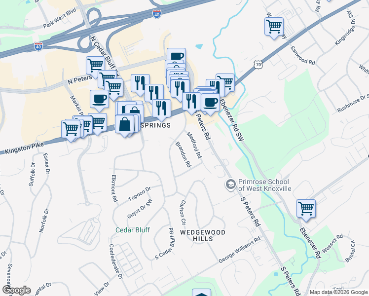 map of restaurants, bars, coffee shops, grocery stores, and more near 208 Brandon Road in Knoxville