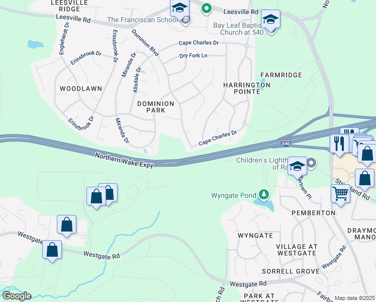 map of restaurants, bars, coffee shops, grocery stores, and more near 9221 Dominion Boulevard in Raleigh