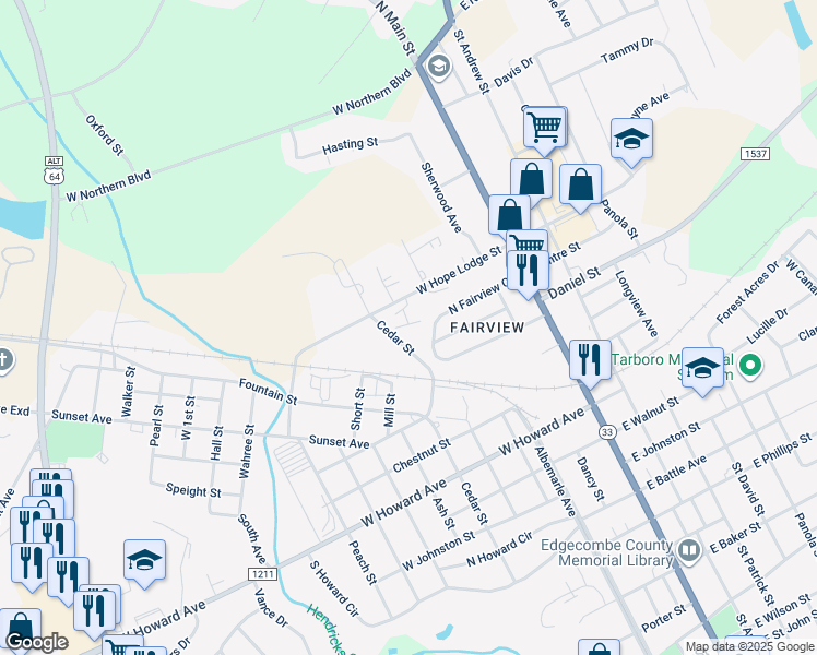 map of restaurants, bars, coffee shops, grocery stores, and more near 1607 Cedar Street in Tarboro