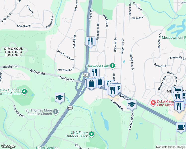 map of restaurants, bars, coffee shops, grocery stores, and more near 33 Maxwell Road in Chapel Hill