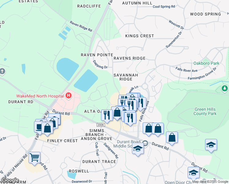 map of restaurants, bars, coffee shops, grocery stores, and more near 11031 Raven Ridge Road in Raleigh