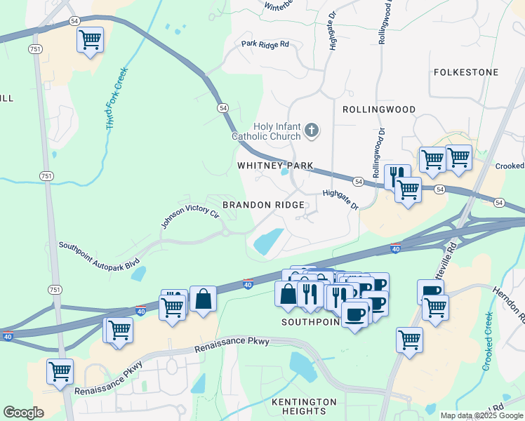 map of restaurants, bars, coffee shops, grocery stores, and more near 600 Audubon Lake Drive in Durham