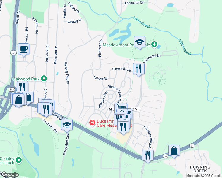 map of restaurants, bars, coffee shops, grocery stores, and more near 403 Weaver Mine Trail in Chapel Hill