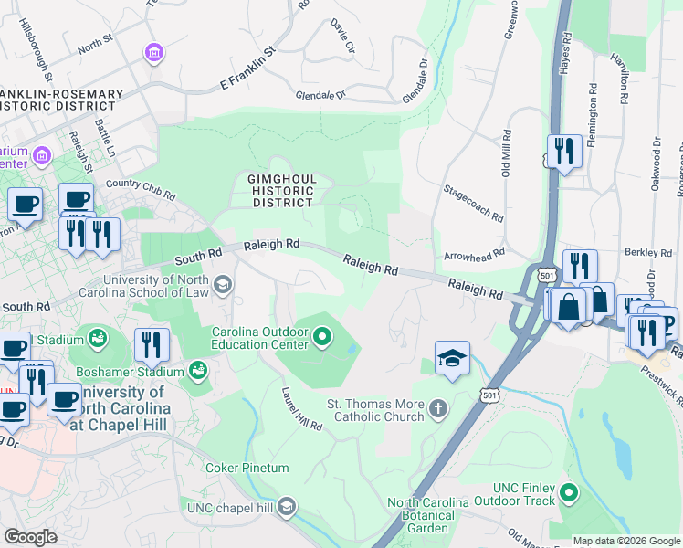 map of restaurants, bars, coffee shops, grocery stores, and more near 107 Ledge Lane in Chapel Hill