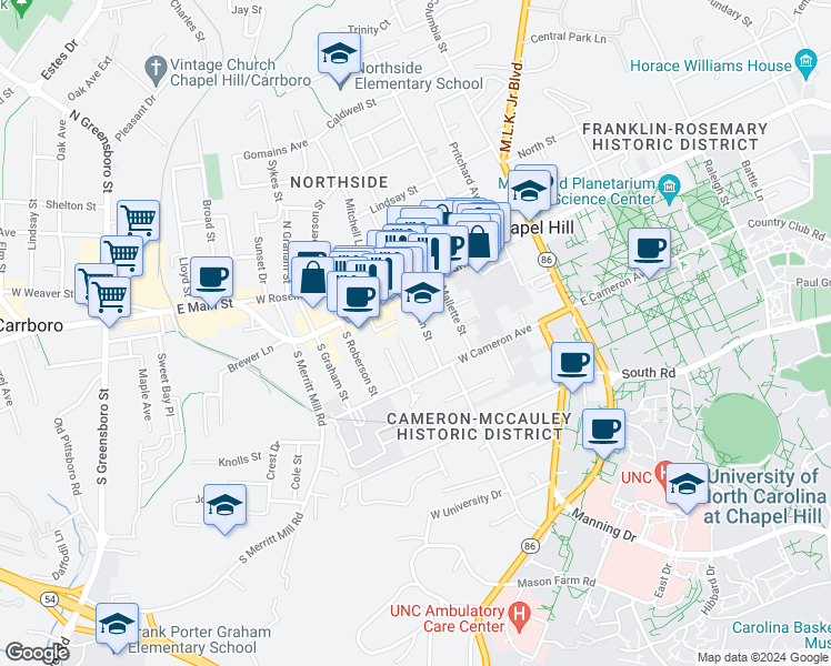 map of restaurants, bars, coffee shops, grocery stores, and more near in Chapel Hill