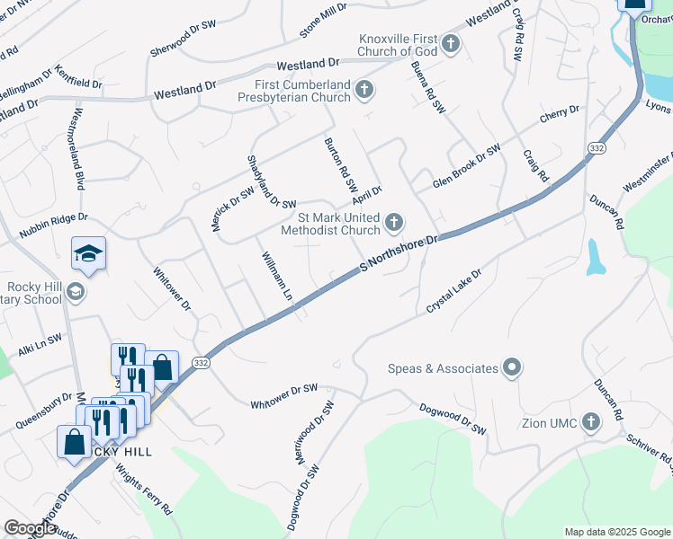 map of restaurants, bars, coffee shops, grocery stores, and more near 7100 Dulaney Way in Knoxville