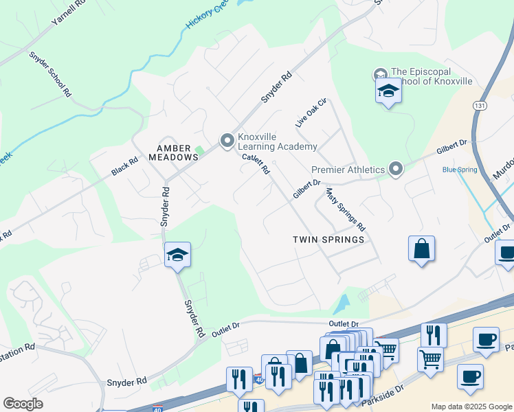 map of restaurants, bars, coffee shops, grocery stores, and more near 11433 Alanridge Lane in Knoxville
