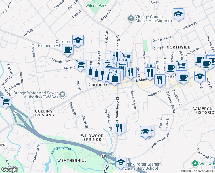 map of restaurants, bars, coffee shops, grocery stores, and more near 105 West Main Street in Carrboro
