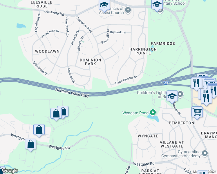 map of restaurants, bars, coffee shops, grocery stores, and more near 9221 Dominion Boulevard in Raleigh