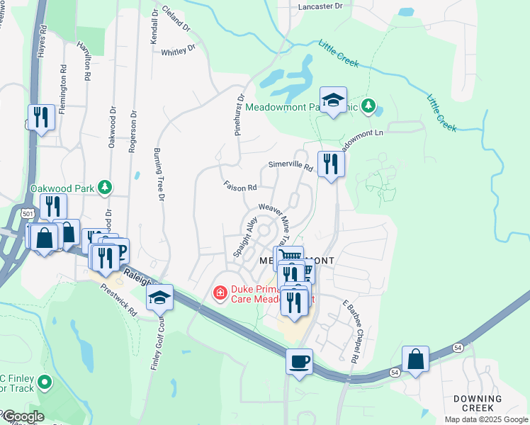 map of restaurants, bars, coffee shops, grocery stores, and more near 403 Weaver Mine Trail in Chapel Hill