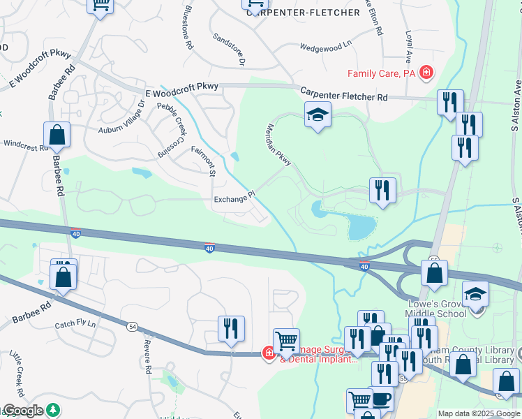 map of restaurants, bars, coffee shops, grocery stores, and more near 1111 Midtowne Way in Durham