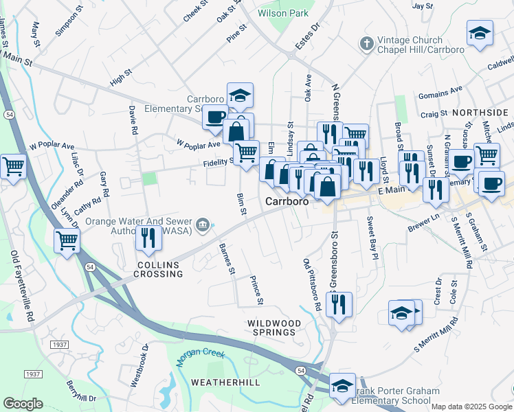 map of restaurants, bars, coffee shops, grocery stores, and more near 106 Laurel Avenue in Carrboro