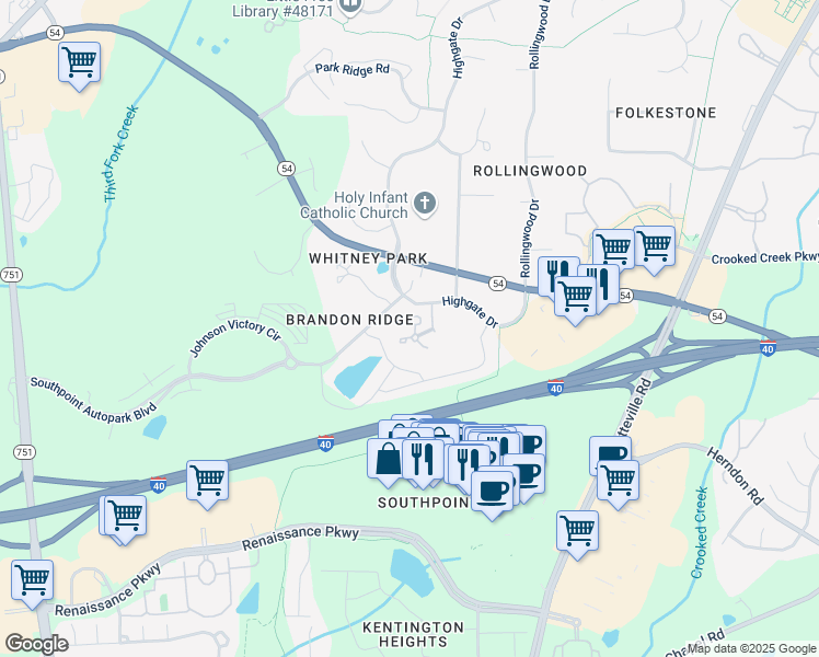 map of restaurants, bars, coffee shops, grocery stores, and more near 526 Darby Glen Lane in Durham