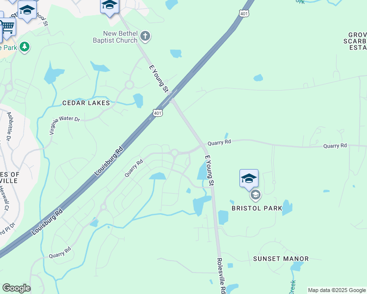 map of restaurants, bars, coffee shops, grocery stores, and more near 900 East Young Street in Rolesville