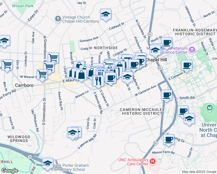 map of restaurants, bars, coffee shops, grocery stores, and more near 503 West Franklin Street in Chapel Hill