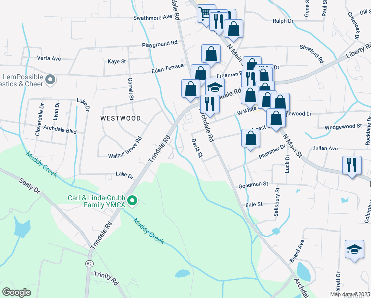map of restaurants, bars, coffee shops, grocery stores, and more near 814 West Brook Court in Archdale