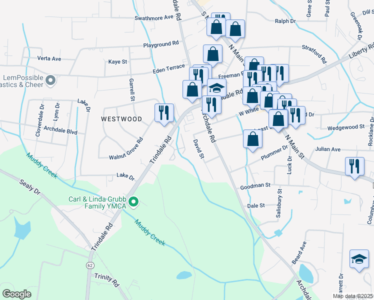 map of restaurants, bars, coffee shops, grocery stores, and more near 814 West Brook Court in Archdale