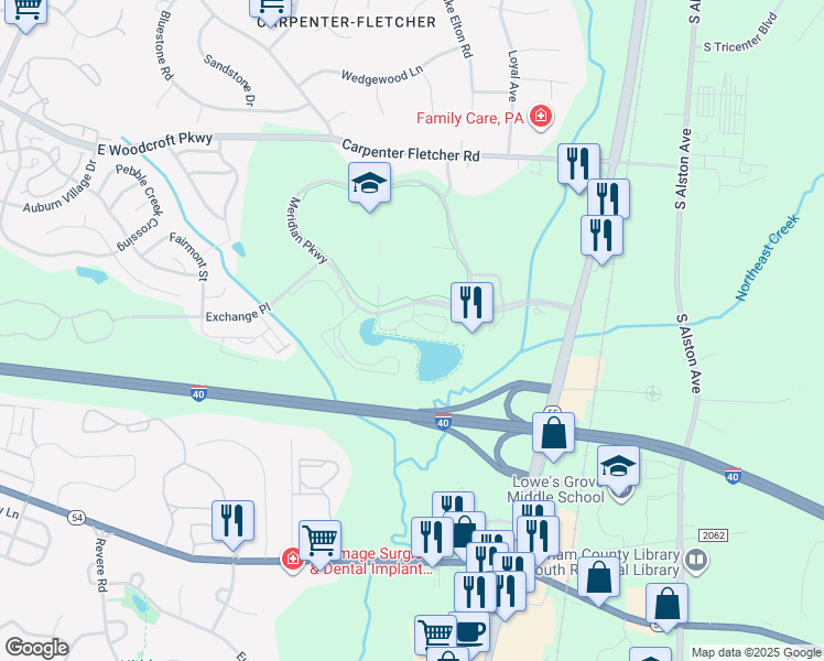map of restaurants, bars, coffee shops, grocery stores, and more near 2525 Meridian Parkway in Durham