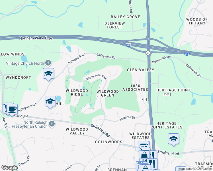 map of restaurants, bars, coffee shops, grocery stores, and more near 8844 Wildwood Links in Raleigh