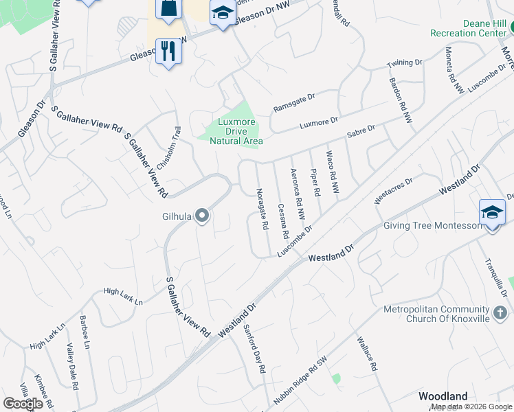 map of restaurants, bars, coffee shops, grocery stores, and more near 801 Normandy Drive Southwest in Knoxville