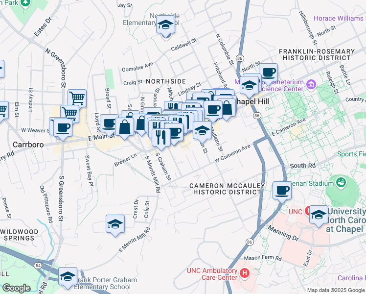 map of restaurants, bars, coffee shops, grocery stores, and more near 413 Yates Motor Court Alley in Chapel Hill