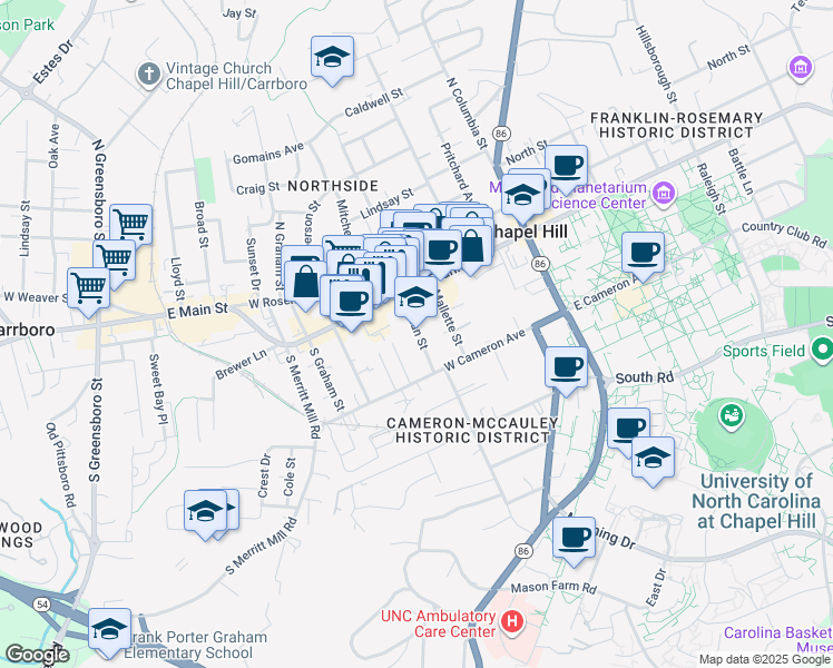 map of restaurants, bars, coffee shops, grocery stores, and more near in Chapel Hill