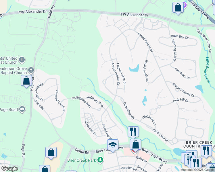 map of restaurants, bars, coffee shops, grocery stores, and more near 9628 Club Valley Way in Raleigh