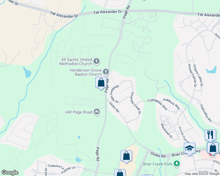 map of restaurants, bars, coffee shops, grocery stores, and more near 9805 Carlyle Hills Way in Raleigh