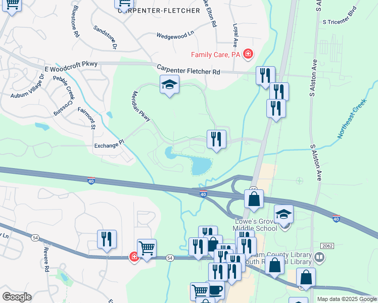 map of restaurants, bars, coffee shops, grocery stores, and more near 2525 Meridian Parkway in Durham
