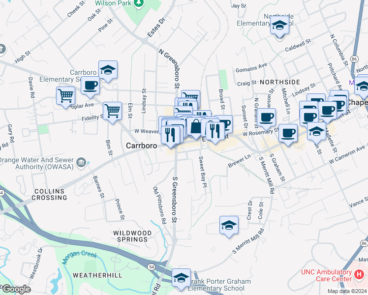 map of restaurants, bars, coffee shops, grocery stores, and more near 106 East Main Street in Chapel Hill