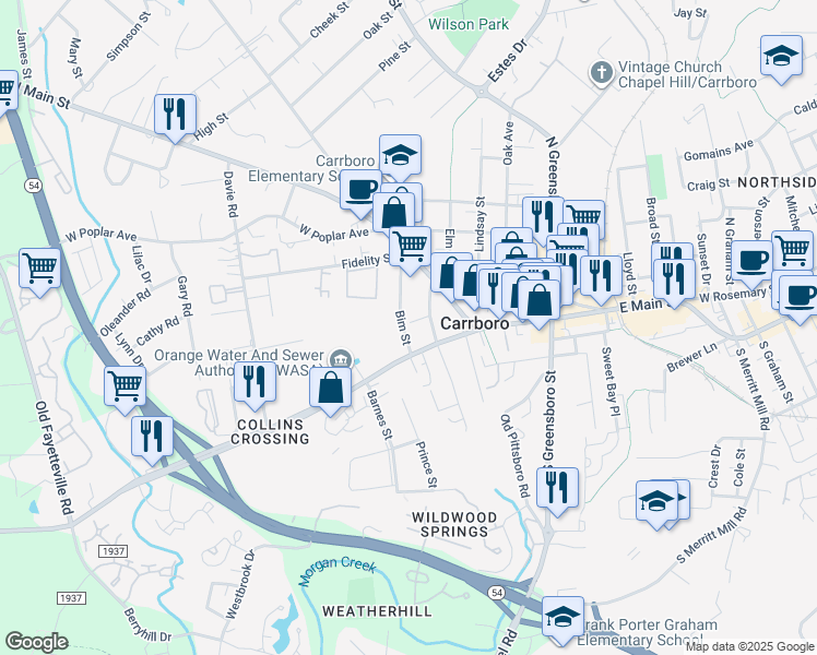 map of restaurants, bars, coffee shops, grocery stores, and more near 118 Bim Street in Carrboro