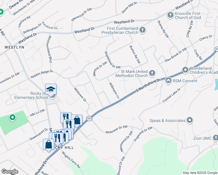 map of restaurants, bars, coffee shops, grocery stores, and more near 1216 Bradford Lane in Knoxville